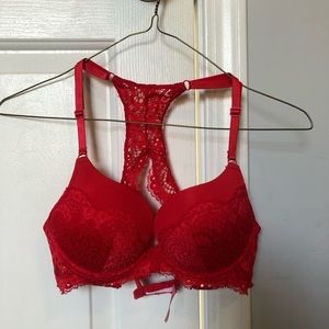 Red lace racerback bra
